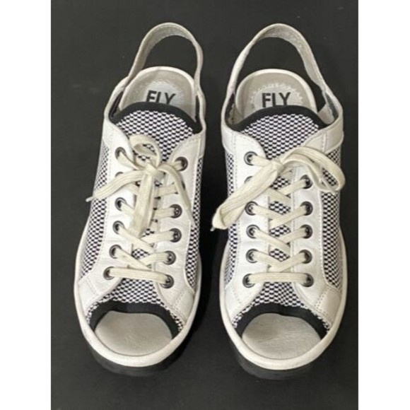 Fly London Yedu Platform size 8B Lace up Wedge Heel Women’s Shoes White Black - Picture 8 of 12